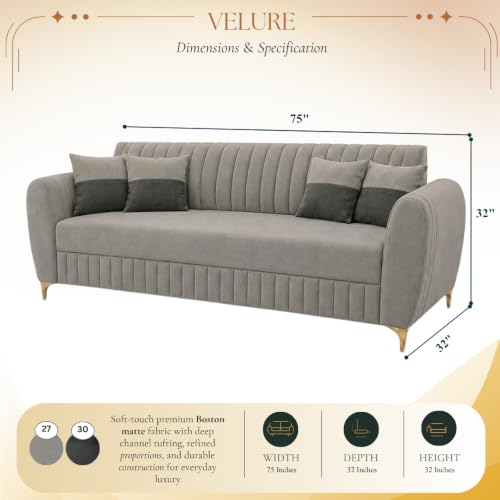 Image of CASASTYLE Signature Velour 3 Seater Sofa Set | Boston Matte Fabric | 40D Foam + Zigzag Spring | 3-Yr Warranty (Light Grey)