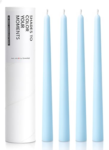 Homeology 10" Classic Taper Candles, Sky Blue, 4-Pack, 7-8 Hours Long Burning, Unscented Tall Candlesticks