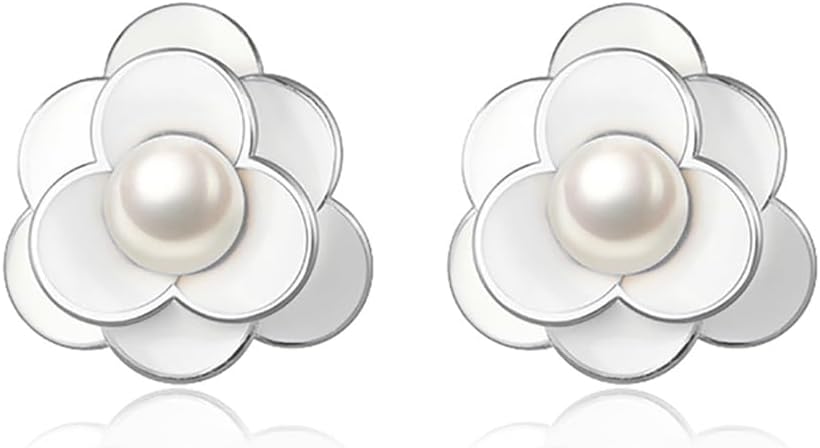 Solid silver pearl flower stud earrings, perfect for weddings.