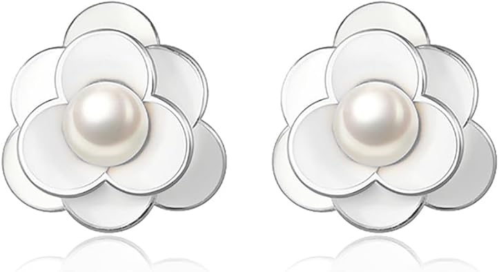 Reffeer Solid 925 Sterling Silver Simulated Pearl Flower Earrings Studs for Women Teen Girls Flower Stud Earrings Pearls for Wedding