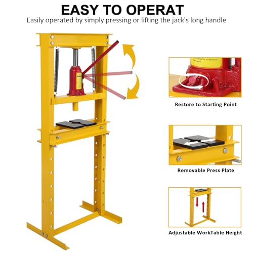 Image of 12 Ton Shop Press H Frame Press, 12 Ton Hydraulic Press H Frame Garage Floor Press with Plate, Adjustable Working Table Height Hydraulic Shop Floor Press for Gears and Bearings