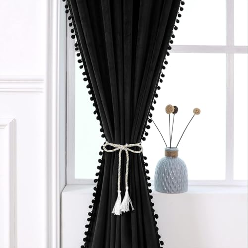 Image of aeTHEric Velvet Eyelet Door Curtains with pom pom Lace for Living Room Bedroom Kitchen 8 feet 1 pc