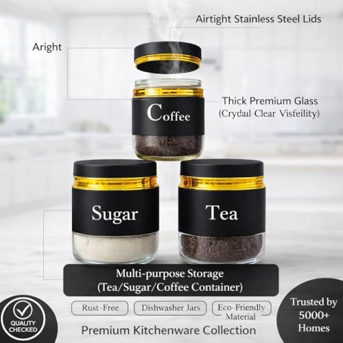 Image of 7Seas 3Pcs Kitchen Canister Set, Tea Coffee Sugar Storage Jars With Air-tight Steel Lid | Kitchen Spice Storage Jars With Name Print For Easy & Quick Find | Kitchen Tea & Sugar Dabba - 350ML (Black)