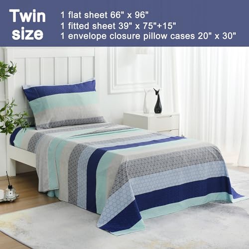 Image of JSD Neutral Striped Printed Twin Sheet Set Extra Deep Pocket | 3 Piece Soft Microfiber Sheets, OEKO-TEX Certified, Easy Care