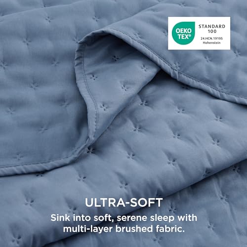 Image of Bedsure Quilts Queen Size - Mineral Blue Bedspread Queen Size & Lightweight Comforter, Modern Coastal Coverlet with Clover Pattern, Ultra Soft All-Season Bedding, 90 x 96 Inches