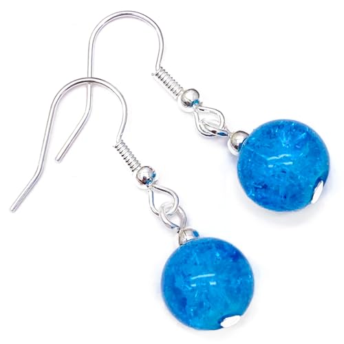 Image of Turquoise Blue Crackle Glass Bead Earrings, 10mm Round Beads on Nickel Free Silver Tone Hooks : 35mm long, Colourful Beaded Gift for Women