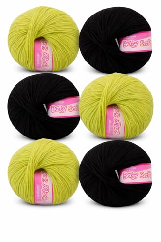 Vardhman BabySoft Knitting Yarn | 100% Acrylic Wool | 4 Ply | Thin Knitting & Crocheting Hook Thread & Lightweight | Special Baby Wool | 150 Grams (6 Balls of 25g) | Machine Washable | Ideal for Blankets, Hats, Booties Ultra-Soft for Baby Sweaters, Blankets, Caps, Socks, Soft toys, Art & craft (Parrot Green 96 + Black 21)