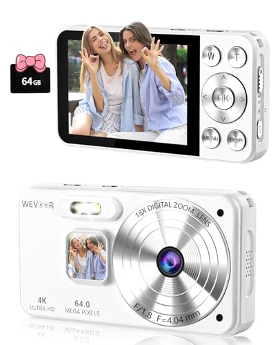 Appareil Photo Numérique 4K 64GB, Wevoor 64MP Autofocus Appareil Photo Compact Portable avec 2,8' LCD, 18X Zoom Numérique, 2000mAh Batterie, pour Vlog Voyage Fête Selfies Étudiant Adulte Débutant