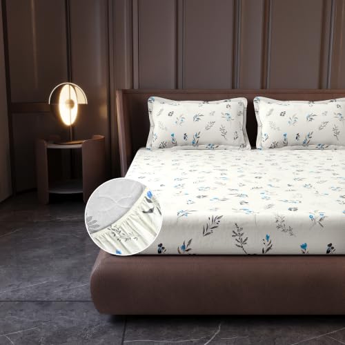 Image of Divine Casa King Size Fitted Bedsheet with 2 Pillow Covers (200 x 180 CM) | Cotton Twill Satin Floral Print | Cream Blue Elastic Fitted Sheet for Mattress.