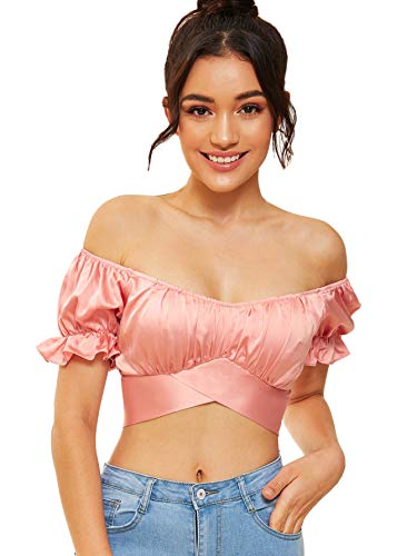 SheIn Women s Ruffle Off Shoulder Crop Top Satin Strapless Short Sleeve Self Tie Blouse Medium Pink