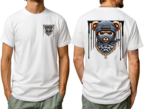 Printshirts Gangsta Teddy Bear T-Shirt – Urban Streetwear Graphic Tee – Hip Hop Drip Bear in Beanie with Gold Chain Mask Bandana Funny Cool Outfit for Adults (UK, Alpha, S, Regular, Regular, White)