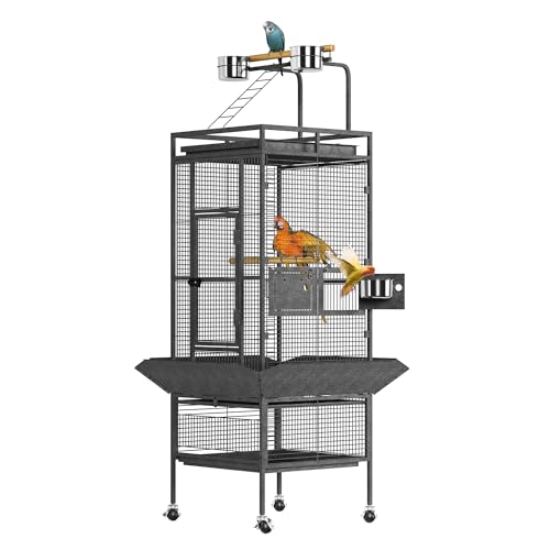 61" Large Bird Cage, Metal Parrot Cage with Play Top, Rolling Stand & Bowls - Bird Aviary for Parrots, Conures, Cockatiels, Parakeets, Indoor Outdoor