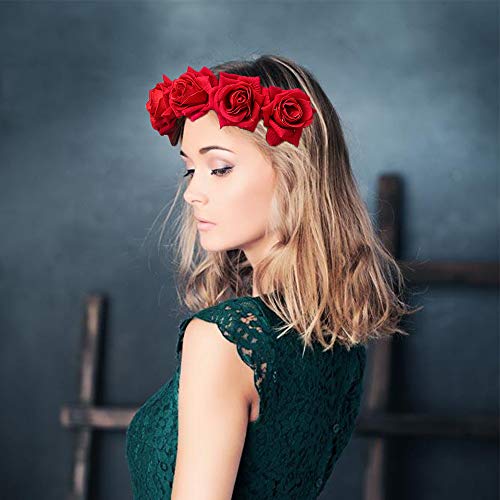 Rose Headband Flower Wreath Crown Hair Bands Big Floral Garland Christmas Hair Hoop Women Girl Hairband Party Decoration Headdress Cosplay Costume Headwear Handmade Headpiece Hair Accessories Burgundy #TOP4
