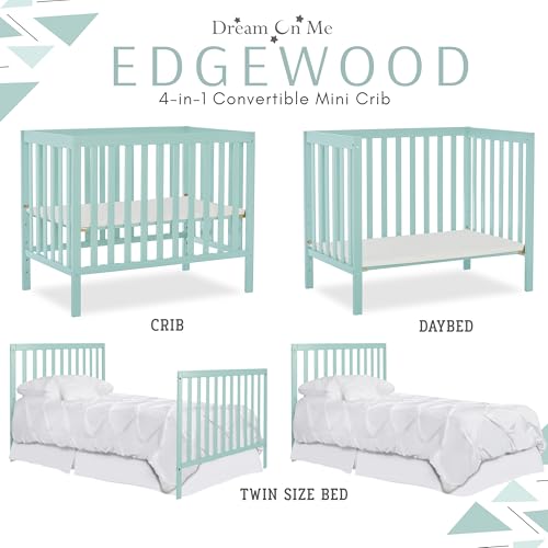 Image of Dream On Me Edgewood 4-In-1 Convertible Mini Crib In Mint, JPMA Certified, Non-Toxic Finish, New Zealand Pinewood, With 3 Mattress Height Settings, Included 1 inch Mattress Pad