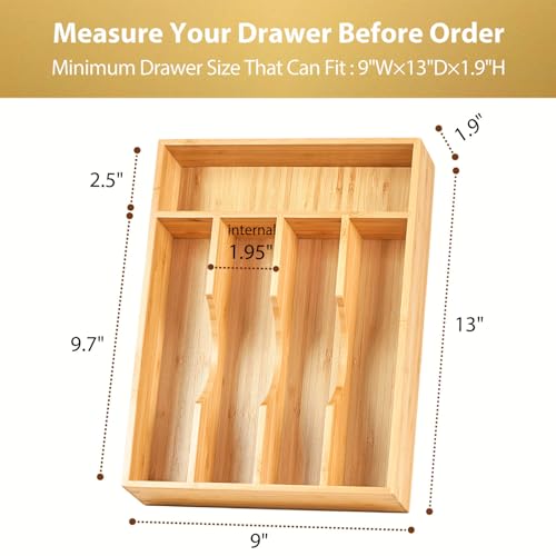 Umilife Kitchen Drawer Organizer - 9 Inch Silverware Organizer, Utensil Tray Holder with Non-Slip Feet & Grooved Drawer Divider, 5 Slots Total Bamboo Wood Caddy for Flatware Cutlery