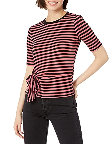 Ella Moss Women s Khloe Striped Tie Front Short Sleeve Tee Shirt, Pink Flamingo, Large
