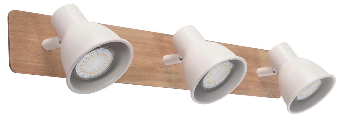 Regleta de madera blanca con 3 casquillos GU10, ideal para iluminación decorativa en hogares y oficinas.