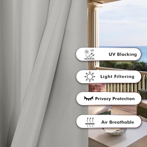 BONZER Wide Waterproof Outdoor Curtains for Patio Heavy Privacy Light Filtering Grommet Outside Curtains for Porch, Pergola, Gazebo, 1 Panel, 110W x 95L inch, Silver