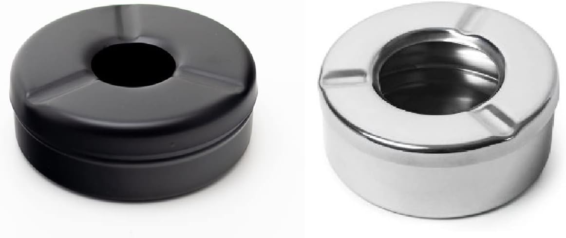 Dynore Stainless Steel Black/Silver Round Lid Ash Tray- Set of 2