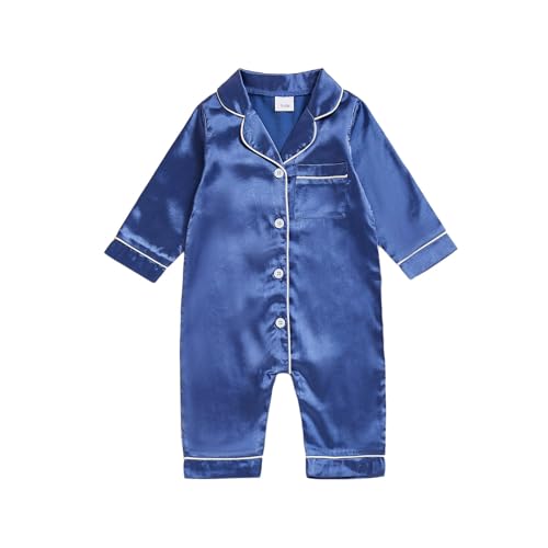 Image of Multitrust Newborn Baby Girl Boy Silk Pajamas Long Sleeve Button Down Satin Infant Pjs One Piece Jumpsuit Loungewear