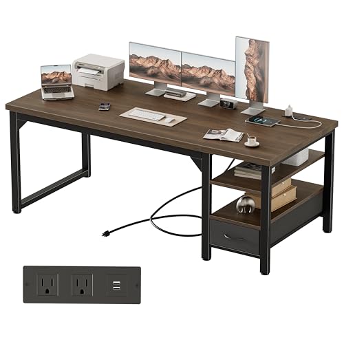 Image of Mericonia 63 inch Computer Desk with Drawer, 1.2 inch Thick Reversible Office Desk | Modern Writing Table with Power Outlets & Storage Shelves, Heavy Duty Industrial Executive Desk for Home Bedroom Study Work