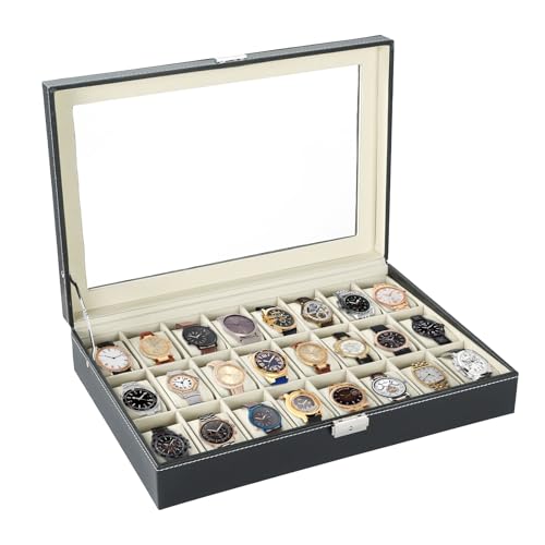NATGAI Watch Box 24 Slots Elegant Portable Black Watch Collection Box Case Organizer for Storage...