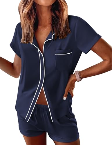 Image of Ekouaer Womens Pajama Sets Button Down Lounge Set 2 Piece Loungewear Soft Sleepwear Short Sleeve Pjs with Pockets