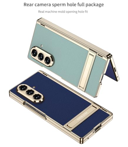 Image of Midkart Magnetic Case Compatible with Samsung Galaxy Z Fold 7 Release 2025 Hinge Protection Leather Cover with Stand Electroplated Camera Protection, Mint Green & Gold