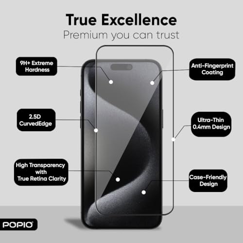 POPIO Military-Grade Gorilla Tempered Glass Compatible For iPhone 13/13 Pro / 14 / 16e (Black) Edge To Edge Coverage With Easy Installation Kit