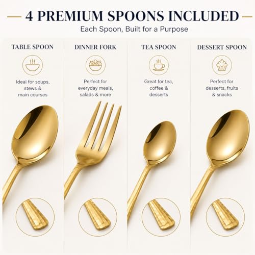 Image of 25 Piece Gold Cutlery Set for Kitchen & Dining Luxury Stainless Steel Golden Flatware Set with Stand (6 Dessert Spoons, 6 Dessert Forks, 6 Tea Spoons, 6 Soup Spoons, 1 Storage Stand)