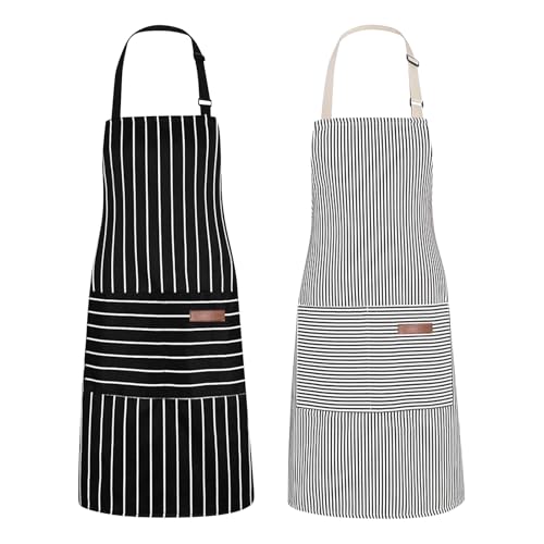 2 Pack Unisex Adjustable Bib Apron with Pockets for Cooking Kitchen, Chef Women Men Aprons for Home Kitchen Restaurant,Coffee House, Black & Grey