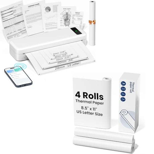 Image of TATTMUSE Bluetooth Portable Thermal Printer White & 5 Rolls 8.5 inch x 11 inch US Letter Thermal Paper
