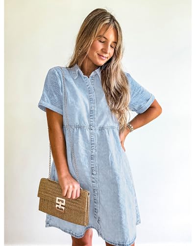 GRAPENT Denim Dress for Women Babydoll Tiered Short Sleeve Button Down Jean Shirt Dresses4