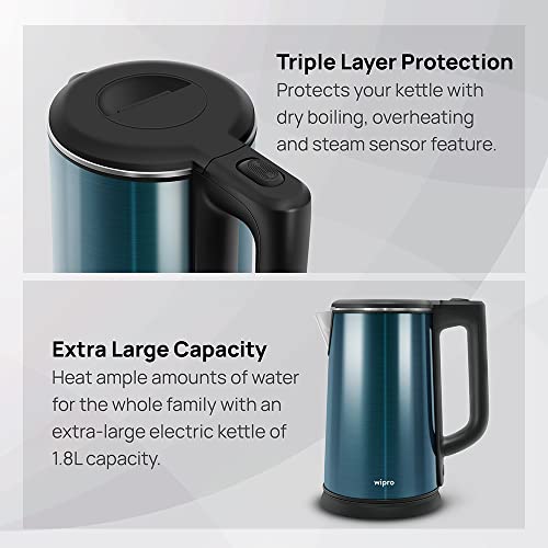Wipro Vesta Enhanced Cool Touch 1.8 L Designer Electric Kettle | 1500 Watt SS304 Rust free SS | Triple Level Protection | One Touch Super Fast Heating | Auto Shut off - Image 2