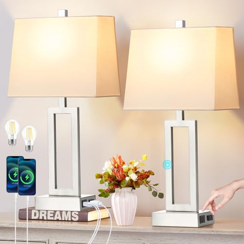 Touch Control Table Lamps for Living Room, 3-Way Dimmable Modern Table Lamp with USB A+C Charging Ports & AC Outlets, Bedside Contemporary Nightstand Desk Lamps with Fabric White Shade for Bedrooms by Lolikit - Used condition - US$70.80