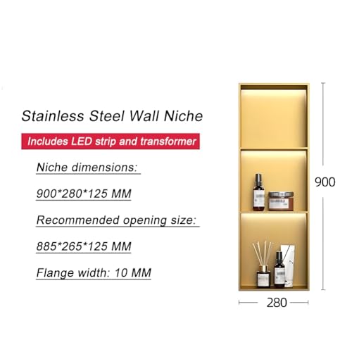 Generico Nicchia Doccia incassata in Acciaio Inox Impermeabile, mensola da Bagno a Parete, nicchia Doccia a Incasso a LED Dorata - Mobiletto a Parete in Acciaio Inox Impermeabile con 2/3/4 Ripiani PE