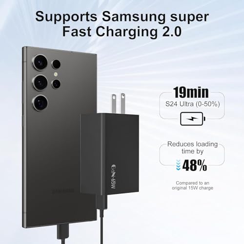 Image of 65W Trio Port Super Fast Charger True 65W Max Charging Adapter Compatible for Samsung Galaxy Fold 2, 3, 4 / Note /S 22, S23, S23 Ultra /Plus /A /M Series (Black)