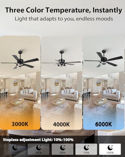 Image of Ceiling Fans with Lights and Remote - Creative Black 52 inch Ceiling Fan with Light, 3CCT, 6 Speeds, Dual-Sided Reversible 5 Blades Indoor Outdoor Modern Chandelier Fan for Bedroom Living Room