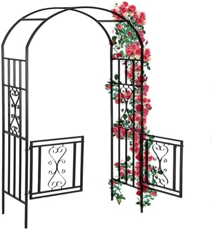 Iron Garden Arch Trellis with Ground Stakes, Stereoscopic Rose Arbor, Garden Arbour for Various Climbing Plant Roses Vines Support Rack, Ceremony Wedding Arch(Black)