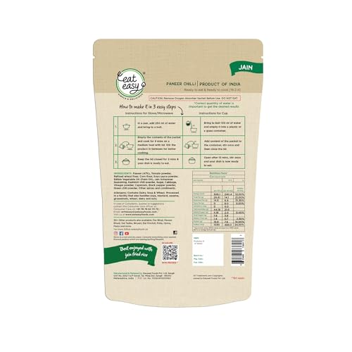 Image of Eat Easy Ready to Eat Jain Paneer Chilli 95g (Pack of 2) No Onion No Garlic | After Preparation 235g Each, Just Add Hot Water & Cook | Freeze Dried Instant Indo-Chinese Meal for Trip | Each Pack Serves 2