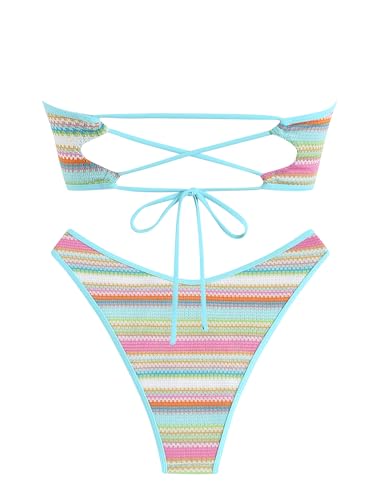 ZAFUL Women's Bandeau Bikini Sets Crochet Boho Stripe Bathing Suit for Women Bandeau Swim Top for Summer Party (Stripe Sky Blue XS) — view 5