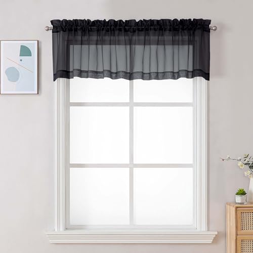 Image of Chyhomenyc Black Sheer Valances for Windows - Light Filtering Small Kitchen Curtains, Rod Pocket Short Top Window Treatment Decor for Living Room Bathroom Basement, 42Wx16L inches, 2 Panels