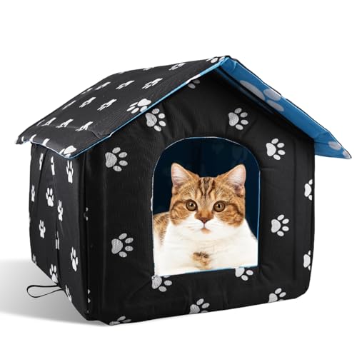 Casetta per Gatti, Lavabile Tessuto Oxford Cuccia Pieghevole, Pieghevole Cuccia Gatto Esterno con Cuscino, Casetta per Gatti per Esterni per Animali Uso Interno ed Esterno (40×38×35cm, Nero)