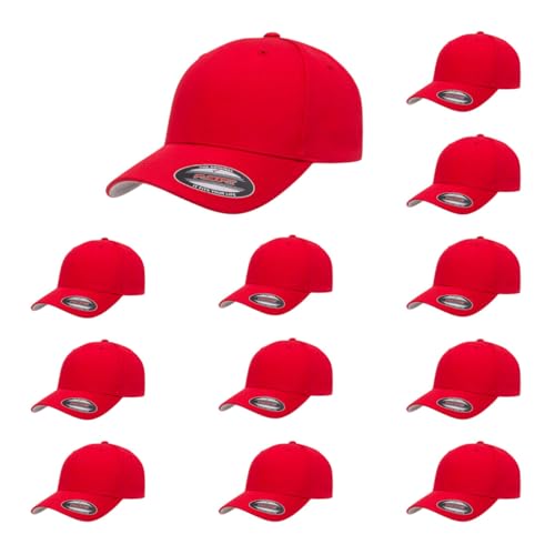 Flexfit 5001 12-pk Standard Cotton Twill Fitted Baseball Cap (Red,S/M)