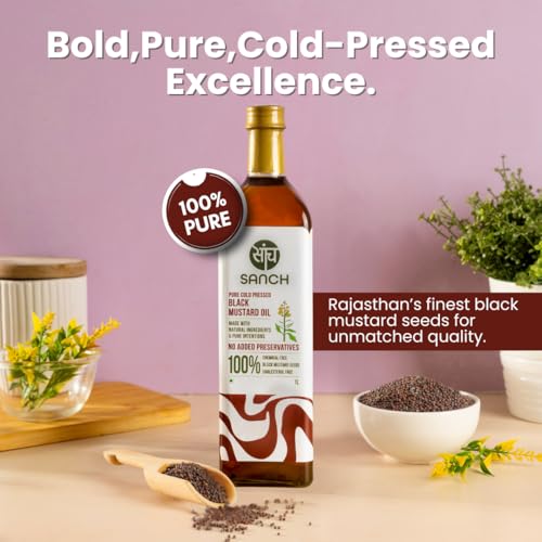 Image of Sanch Cold Pressed Black Mustard Oil 1 Litre | Kacchi Ghani Sarson Oil | Sarso Ka Tel | Rich in Omega-3 | Natural Aroma and Flavour | Suitable for Daily Cooking & Deep Frying |1L Plastic Bottle