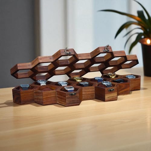 Image of Vintage Wooden Watch Box for Men, Timepiece Display Case, Honeycomb Watch Storage & Organizer, Jewlery Box for Women, Anniversary Gift For Husband (12 Compartments)