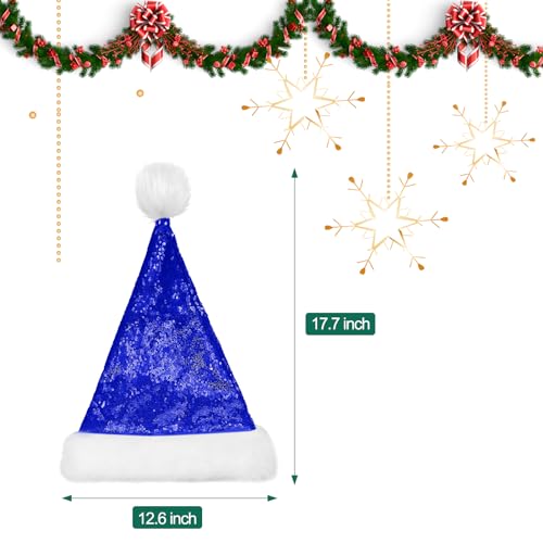 SATINIOR 2 Pcs Adult Sequin Santa Hat Unisex Christmas Hat Santa Claus Cap Xmas Hat with Lining and Plush Brim for Women Men(Blue) - Image 2