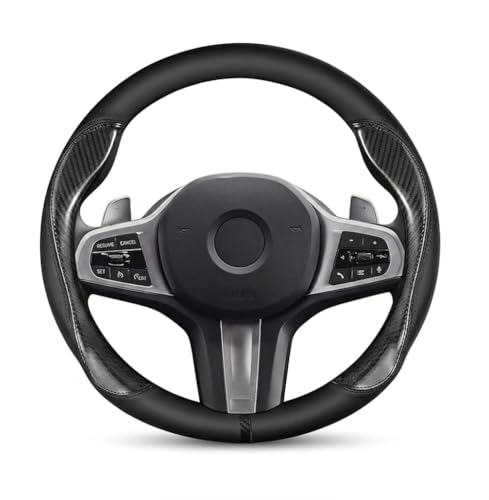 Carbon Fiber Car Steering Wheel Cover Black Leather 14.5-15 Inch