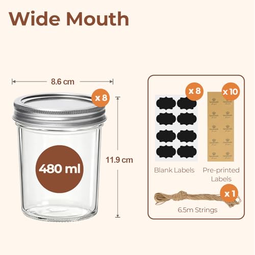 ComSaf Mason Jars 480mL/16oz - 8 Pack, Large Glass Jars with Lids, Overnight Oats Jars, Pickling Jar, Preserving Jar, Canning Jar for Spice, Jam, Honey, Jelly, Airtight Food Storage Container