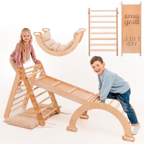 Goodevas Extra Groß 4-in-1 Indoor Klettergerüst für Kleinkinder - Dreiecksleiter, Kletterbogen & Kletterrampe & Kissen, Montessori Klettergerüst, Kinder Holzspielplatz, für Kinder von 1-5 Jahren
